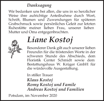 Traueranzeige von Liane Kostoj von Märkischen Allgemeine Zeitung