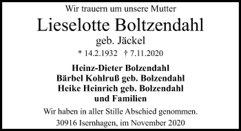 Traueranzeige von Lieselotte Boltzendahl von Hannoversche Allgemeine Zeitung/Neue Presse