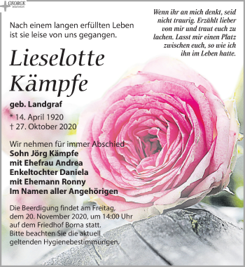 Traueranzeige von Lieselotte Kämpfe von Leipziger Volkszeitung