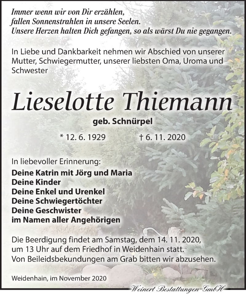  Traueranzeige für Lieselotte Thiemann vom 11.11.2020 aus Torgauer Zeitung