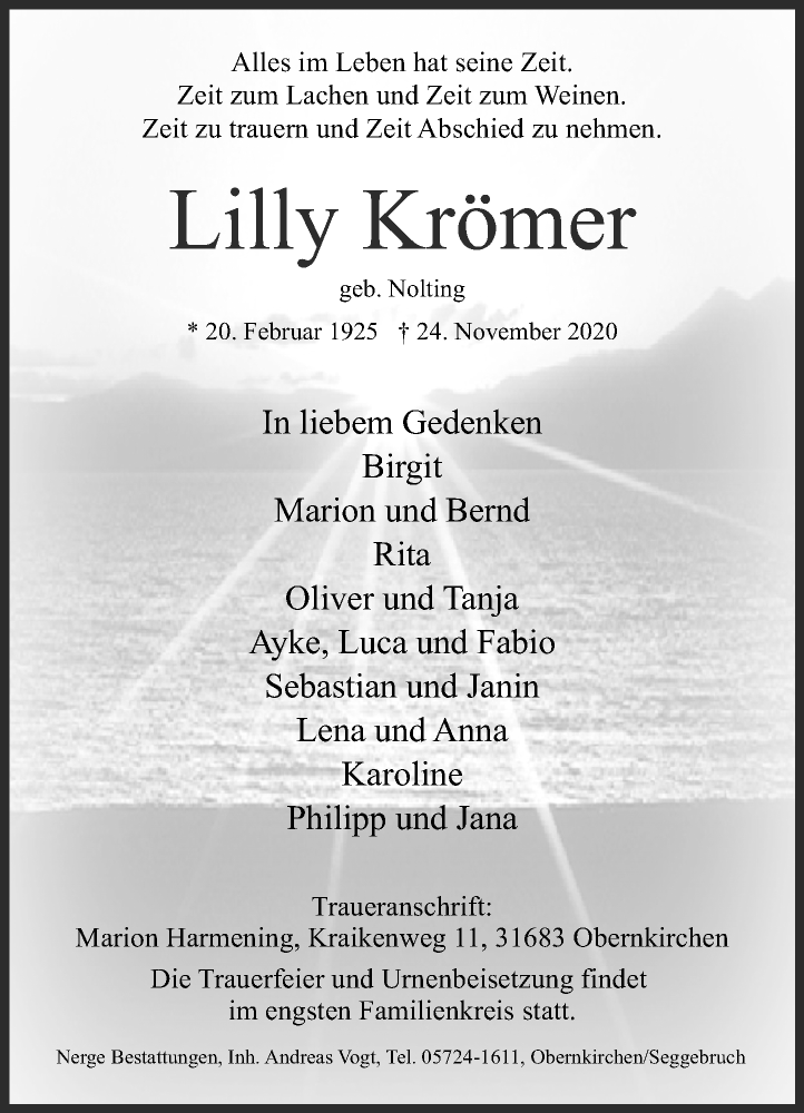  Traueranzeige für Lilly Krömer vom 28.11.2020 aus Schaumburger Nachrichten