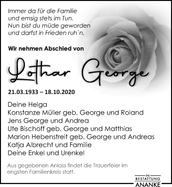 Traueranzeige von Lothar George von Leipziger Volkszeitung