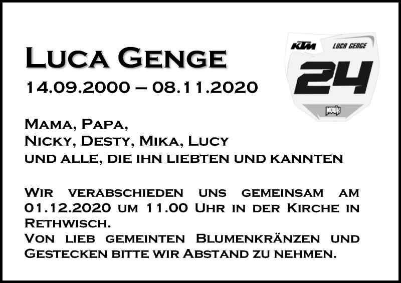  Traueranzeige für Luca Genge vom 21.11.2020 aus Ostsee-Zeitung GmbH
