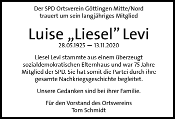 Traueranzeige von Luise Levi von Göttinger Tageblatt