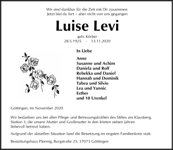 Traueranzeige von Luise Levi von Göttinger Tageblatt
