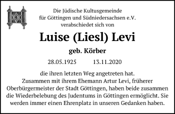 Traueranzeige von Luise Levi von Göttinger Tageblatt
