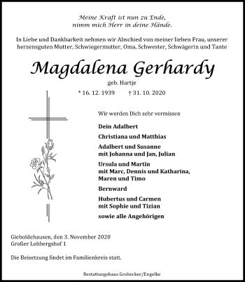 Traueranzeige von Magdalena Gerhardy von Eichsfelder Tageblatt