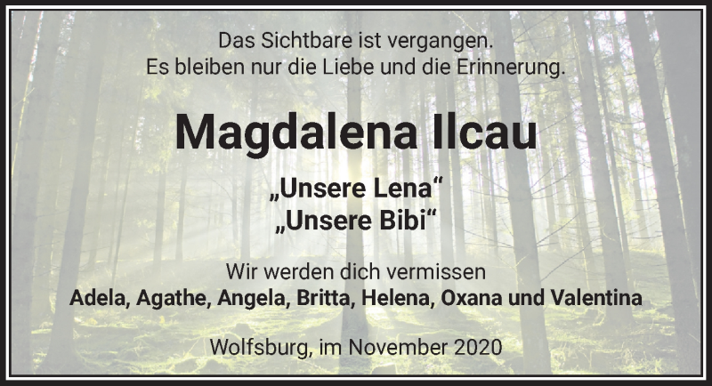  Traueranzeige für Magdalena Ilcau vom 21.11.2020 aus Aller Zeitung
