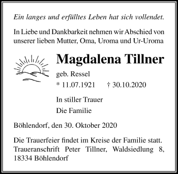 Traueranzeige von Magdalena Tillner von Ostsee-Zeitung GmbH
