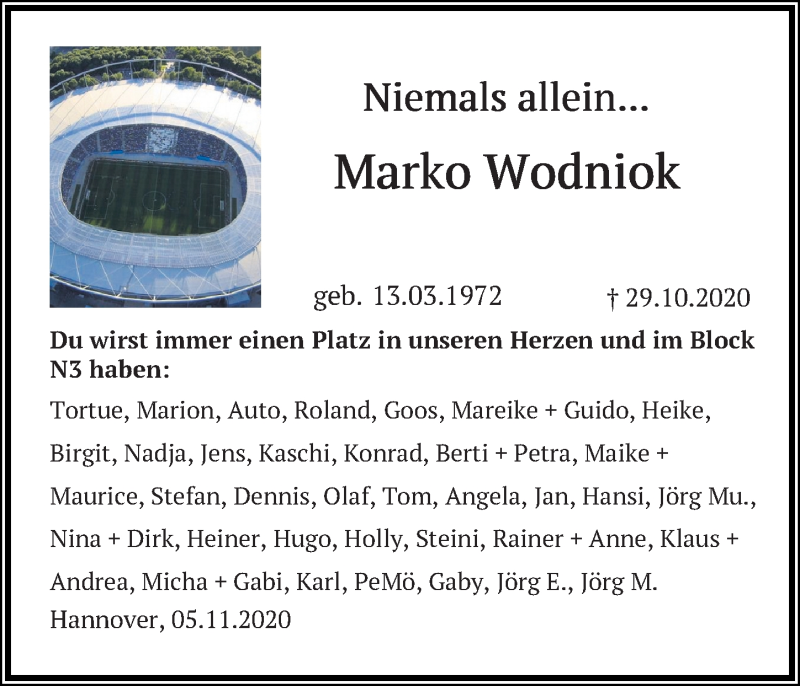  Traueranzeige für Makrko Wodniok vom 07.11.2020 aus Hannoversche Allgemeine Zeitung/Neue Presse