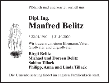 Traueranzeige von Manfred Belitz von Märkischen Allgemeine Zeitung