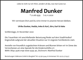 Traueranzeige von Manfred Dunker von Hannoversche Allgemeine Zeitung/Neue Presse