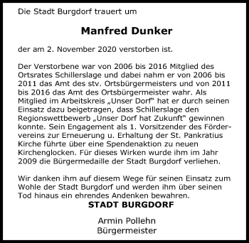 Traueranzeige von Manfred Dunker von Hannoversche Allgemeine Zeitung/Neue Presse