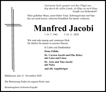 Traueranzeige von Manfred Jacobi von Eichsfelder Tageblatt