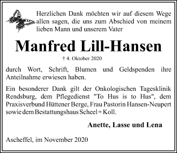 Traueranzeige von Manfred Lill-Hansen von Kieler Nachrichten