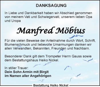 Traueranzeige von Manfred Möbius von Leipziger Volkszeitung