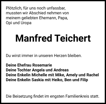 Traueranzeige von Manfred Teichert von Hannoversche Allgemeine Zeitung/Neue Presse