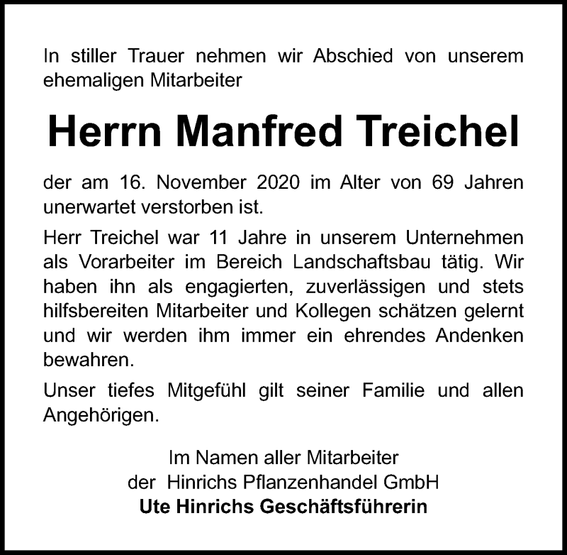  Traueranzeige für Manfred Treichel vom 21.11.2020 aus Ostsee-Zeitung GmbH