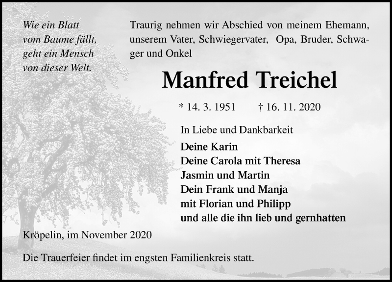  Traueranzeige für Manfred Treichel vom 21.11.2020 aus Ostsee-Zeitung GmbH