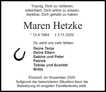 Traueranzeige von Maren Hetzke von Kieler Nachrichten