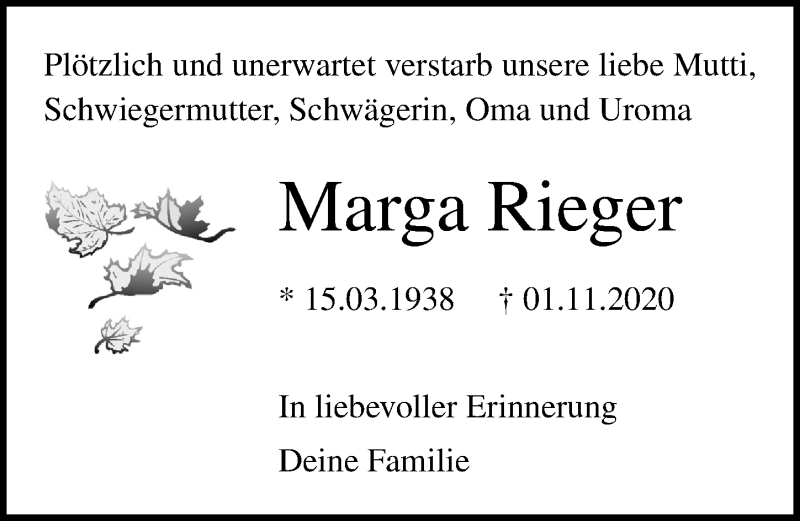 Traueranzeige für Marga Rieger vom 07.11.2020 aus Ostsee-Zeitung GmbH