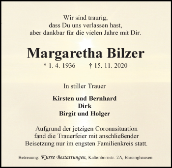 Traueranzeige von Margaretha Bilzer von Hannoversche Allgemeine Zeitung/Neue Presse