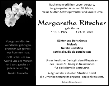 Traueranzeige von Margaretha Ritscher von Eichsfelder Tageblatt