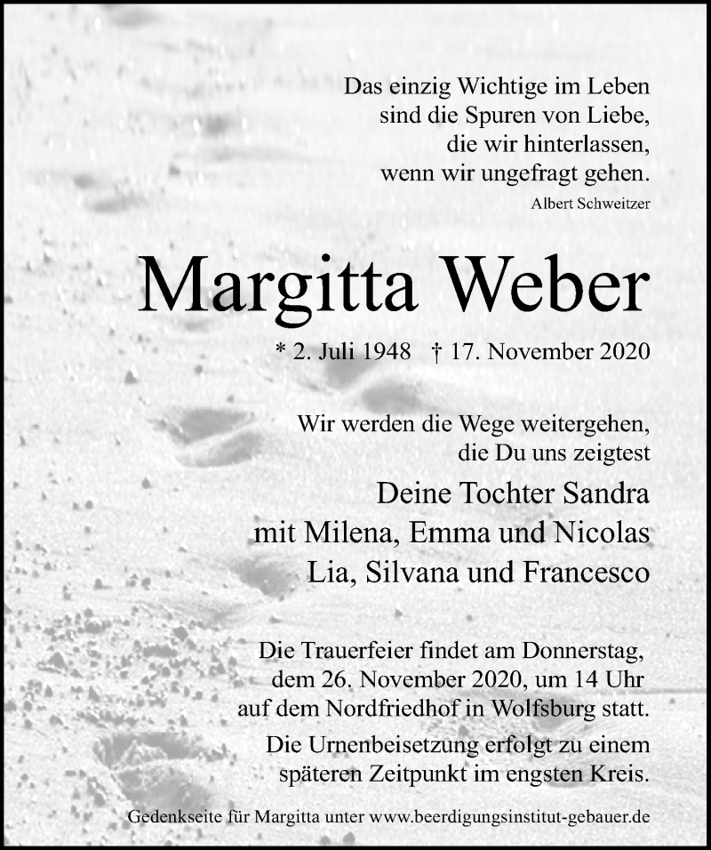  Traueranzeige für Margitta Weber vom 21.11.2020 aus Aller Zeitung