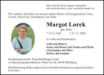 Traueranzeige von Margot Lorek von Aller Zeitung