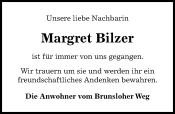 Traueranzeige von Margret Bilzer von Hannoversche Allgemeine Zeitung/Neue Presse