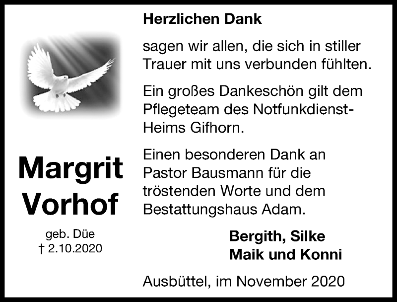  Traueranzeige für Margrit Vorhof vom 14.11.2020 aus Aller Zeitung