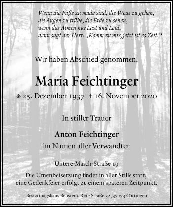 Traueranzeige von Maria Feichtinger von Göttinger Tageblatt