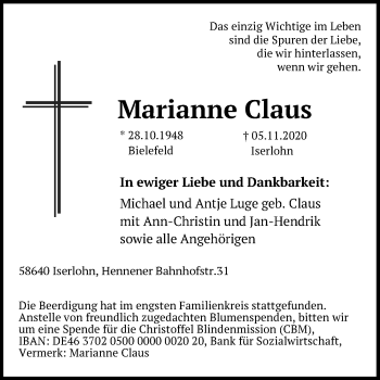 Traueranzeige von Marianne Claus von Hannoversche Allgemeine Zeitung/Neue Presse