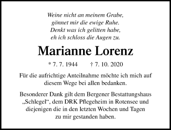 Traueranzeige von Marianne Lorenz von Ostsee-Zeitung GmbH