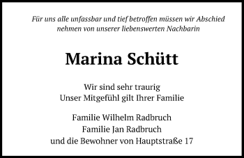 Traueranzeige von Marina Schütt von Kieler Nachrichten