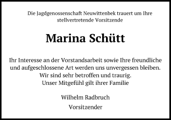 Traueranzeige von Marina Schütt von Kieler Nachrichten