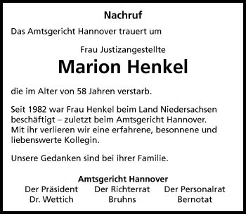 Traueranzeige von Marion Henkel von Hannoversche Allgemeine Zeitung/Neue Presse