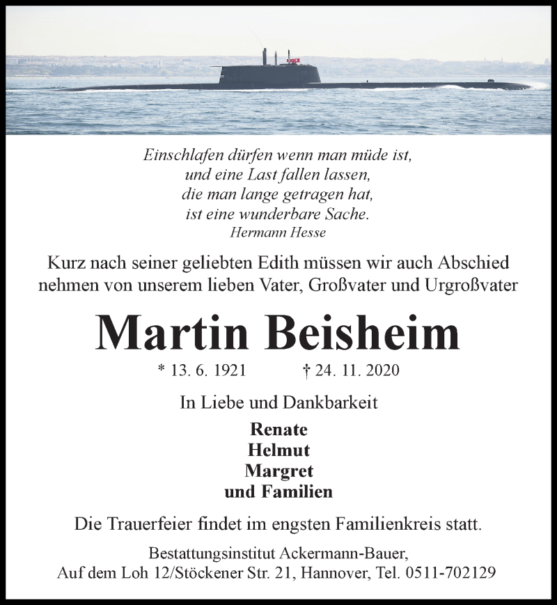  Traueranzeige für Martin Beisheim vom 28.11.2020 aus Hannoversche Allgemeine Zeitung/Neue Presse