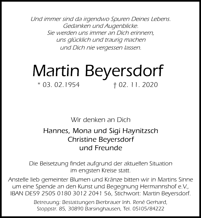  Traueranzeige für Martin Beyersdorf vom 07.11.2020 aus Hannoversche Allgemeine Zeitung/Neue Presse