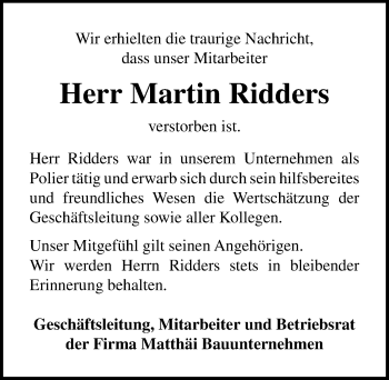 Traueranzeige von Martin Ridders von Lübecker Nachrichten