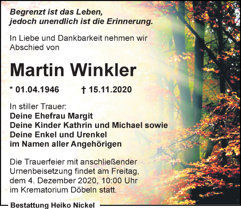  Traueranzeige für Martin Winkler vom 21.11.2020 aus Leipziger Volkszeitung