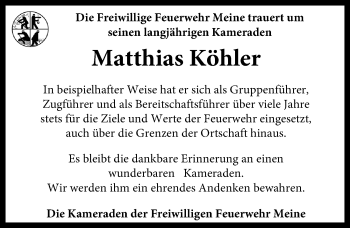 Traueranzeige von Matthias Köhler von Aller Zeitung