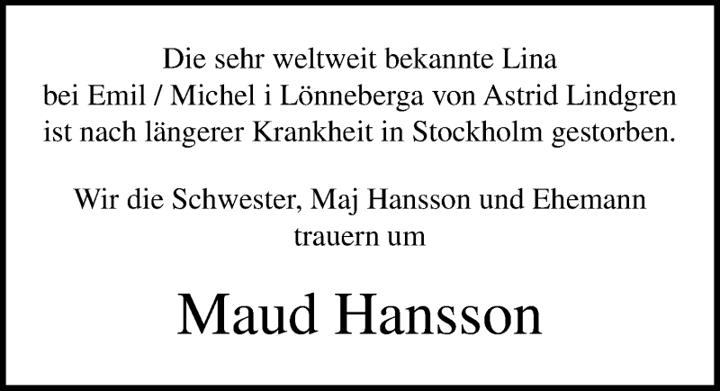  Traueranzeige für Maud Hansson vom 07.11.2020 aus Lübecker Nachrichten