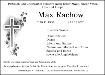 Traueranzeige von Max Rachow von Göttinger Tageblatt