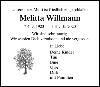 Traueranzeige von Melitta Willmann von Lübecker Nachrichten