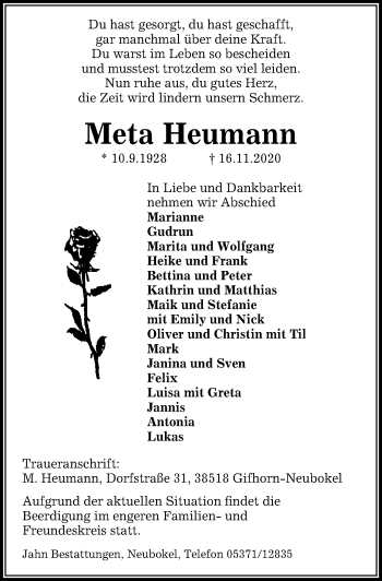 Traueranzeige von Meta Heumann von Aller Zeitung