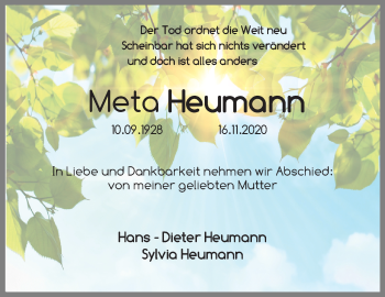 Traueranzeige von Meta Heumann von Aller Zeitung
