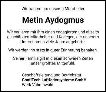 Traueranzeige von Metin Aydogmus von Hannoversche Allgemeine Zeitung/Neue Presse