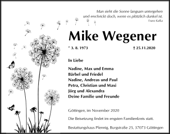 Traueranzeige von Mike Wegener von Göttinger Tageblatt