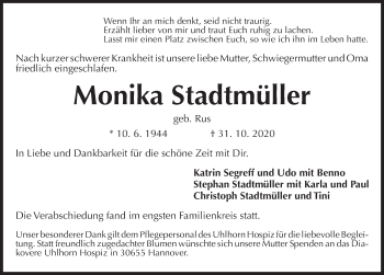 Traueranzeige von Monika Stadtmüller von Hannoversche Allgemeine Zeitung/Neue Presse